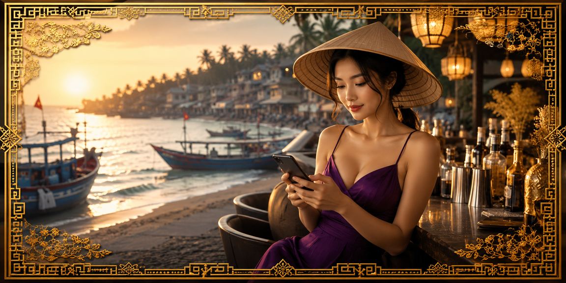 Chơi bài card game tại Mũi Né với nón lá truyền thống Việt Nam